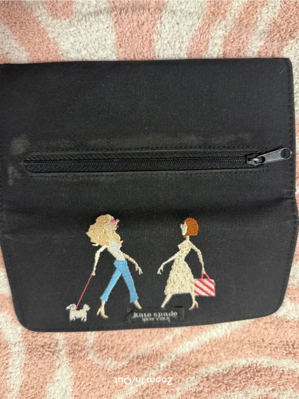 Kate Spade Rare Black Embroidered Women & Dog Card Holder with Pink Striped Tote